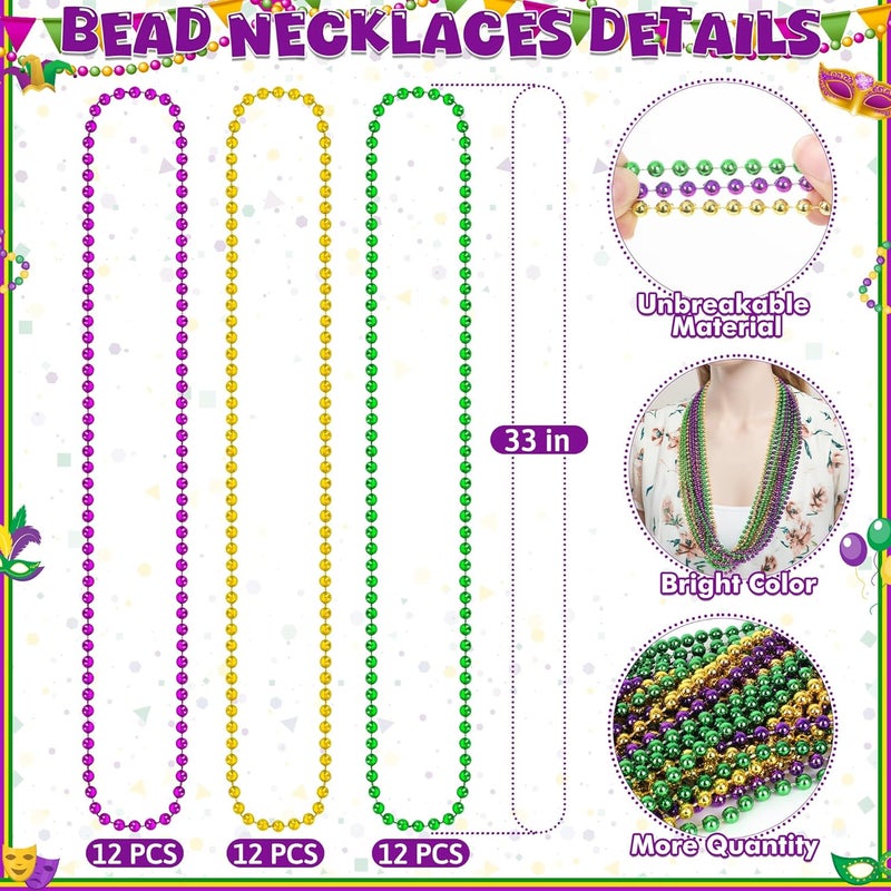 VLUV 36Pcs Beaded Necklace, Mardi Gras Beads Necklaces Accessories, 33 Inch Bead Costume for Women Man, Festival Parade Throw Supplies - Image 2